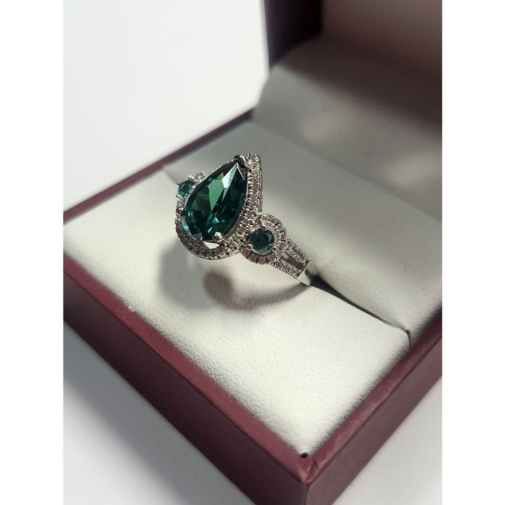Sterling Silver Designer D'Manis Teardrop Emerald Green Halo Ring  Size 8 - Picture 3 of 7